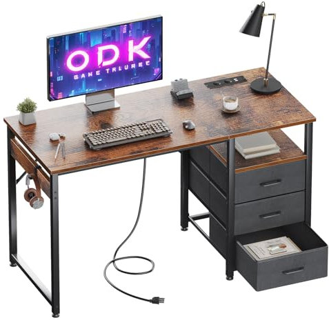 ODK Schreibtisch mit 3 Schubladen aus Stoff, Computertisch mit 2 Steckdosen und USB-Buchsen, Umkehrbarer PC Tisch Bürotisch für Home Office (Braun, 120x48x75.5cm)
