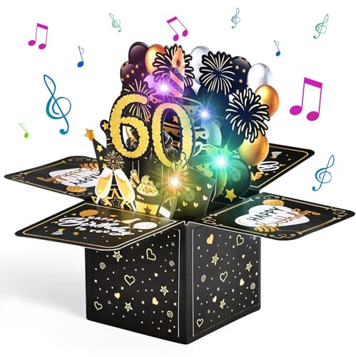 Joyoldelf 60 Geburtstagskarte mit Musik - 60. Geburtstag Pop Up Karte mit Lichtern und interaktiven Kerzen, Geschenk Geburtstagskarten für Frauen und Männer, 3D Grußkarte Geburtstagsgeschenk