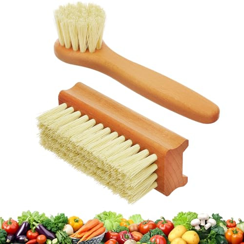 Juego de 2 cepillos para verduras, cepillo para frutas y verduras para alimentos, limpiador de patatas, cepillo de hongos con cómodo mango de madera, cepillo para verduras para zanahorias, cepillo de