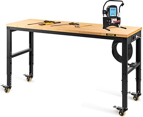 VEVOR Banco da Lavoro per Officina in Legno e Acciaio, Tavolo da Lavoro Altezza Regolabile 79-104 cm per Garage, Officine, Negozi Commerciali, Officine di Riparazioni Automobilistiche, Uffici, Case