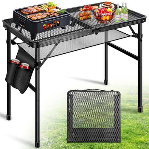 Tavolo da barbecue pieghevole aggiornato, in metallo, portatile, regolabile in altezza, leggero, pieghevole per barbecue esterno