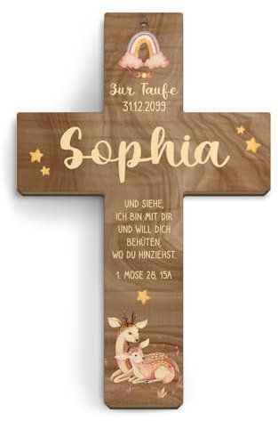 Taufkreuz personalisiert aus Holz Taufgeschenk Mädchen Junge 13x20cm - Rehe - Walnussholz Look