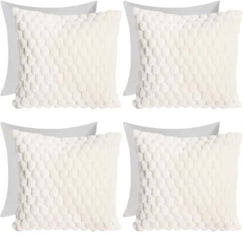 OHS Waffle Faux Fur Cushions with Covers Included, Sofa Cushion Inners with Covers Living Room Thick Soft Comfy Decorative Throw Pillow Sofa Set, Pack of 4 - Cream