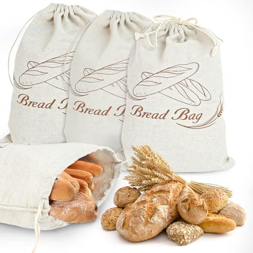 PRZRAO 4 Stück Brotbeutel Leinen mit TPU Innenfutter, 40 × 30 cm Brotbeutel Leinen Aufbewahrung Frischhalten mit Innenfolie, Brotsack mit Innenfolie, Leinensäckchen für Brotaufbewahrung