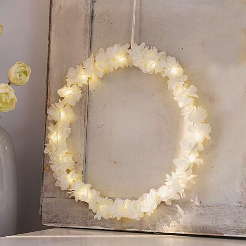 LED-Hänger Blütenring, Textil, Creme, Metallrahmen, Satinband, 20 warmweiße LEDs, batteriebetrieben, An-/Aus-Schalter Maße: Ø 30 cm, Innen-Ø 28 cm, ohne Batterien, nur für den Innenbereich geeignet