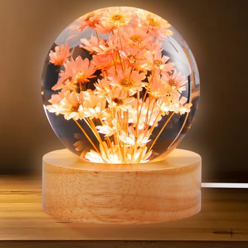 GOMETY 3D Blume Kristall Kugel Nachtlicht, 6 cm Glaskugel-Nachtlampe mit USB Holzsockel Gänseblümchen Ewige Blume für Zuhause Tischdekorationen Geschenke