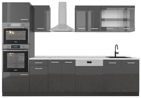 Vicco Küchenzeile R-Line, Anthrazit Hochglanz/Anthrazit, 300 cm mit Hochschrank, AP Marmor