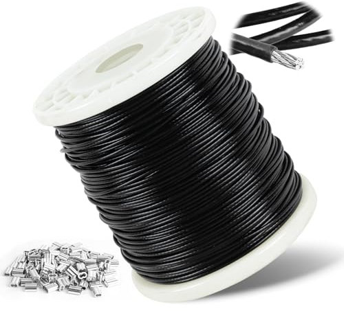 2mm Wire Rope, 304 Stainless Steel Plastic Black Coated Wire Cable with Aluminum Crimping Loop, 100m Stainless Steel Hanging Cable 7x7 Cross Section for Picture Hanging, Clothes Line