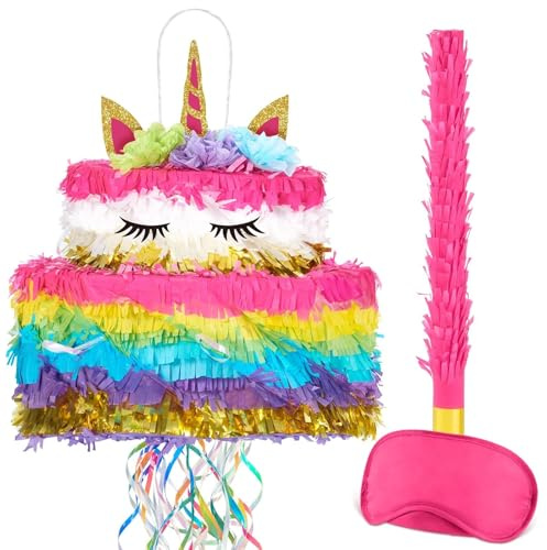 WERNNSAI Einhorn Pinata – Einhorn Kuchen Pinata Geburtstag Deko Kinder Mädchen Falten Regenbogen Kuchen Piñata mit Stock Augenmaske Glitzer Gefüllte Geburtstagsparty Dekorationen Party Piñata Spiel