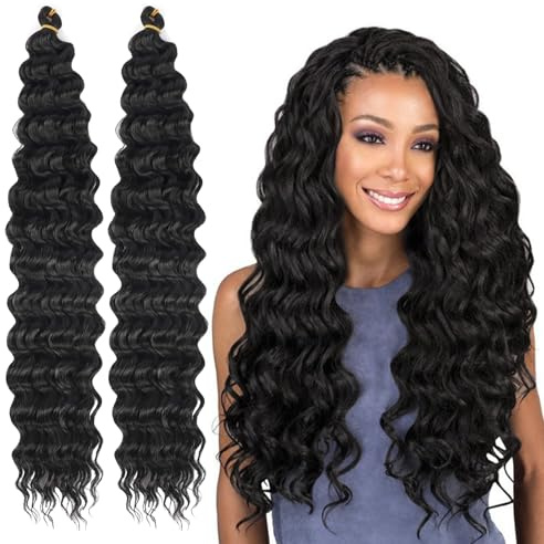 2Stück 22Inch Deep Wave Bulk Hair for Braiding for Boho Braids,Ocean Wave Crochet Hair Extensions,Synthetische Haarverlängerungen für Frauen Mädchen(Schwarze)