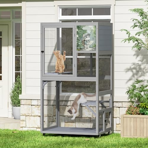 Large Cat House Catio, Wooden Cat Enclosure on Wheels with Resting Condo, Jumping Platforms, Escape Doors & Weatherproof Asphalt Roof Up to 44 lbs, 90 x 71 x 167 cm