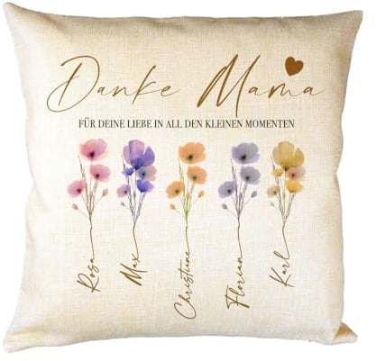 Manufaktur Liebevoll Personalisiertes Kissen mit Namen Dankeschön Mama Geschenk für Mutter Mami – Familienkissen mit Aquarellblumen, Geschenk Familie (Danke Mama)