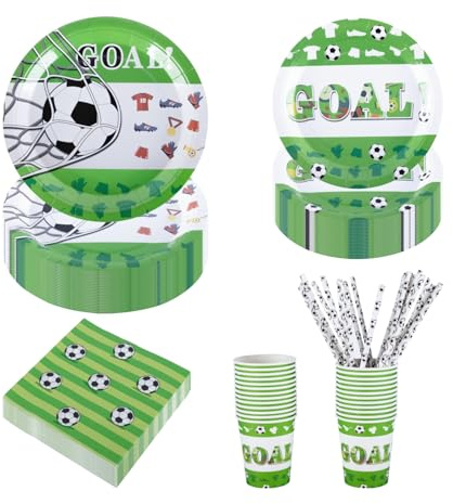CEILIWEN 125PCS Green & White Football Party Tableware Set | 25 Guests Football Plates (9 & 7), Cups, Napkins & Straws | Complete Sports Theme, Birthday & World Cup Party Decorations