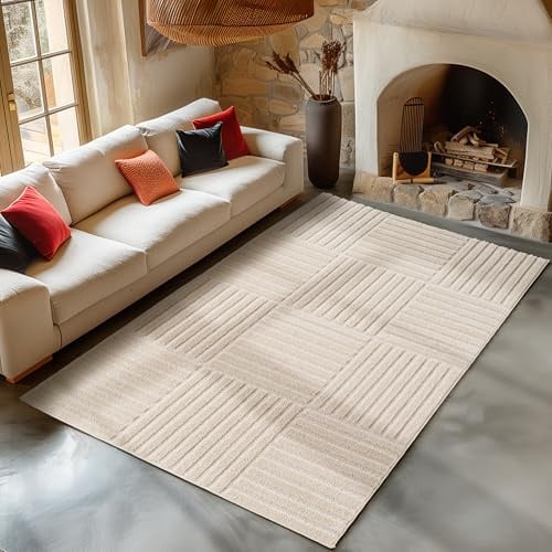 Carpetsale24 Wohnzimmer Teppich 120x170 cm Creme Hochflor Skandi Boho Karo Design Hoch-Tief Effekt Weicher Shaggy Langflor Flauschig Robust Pflegeleicht Modern für Schlafzimmer
