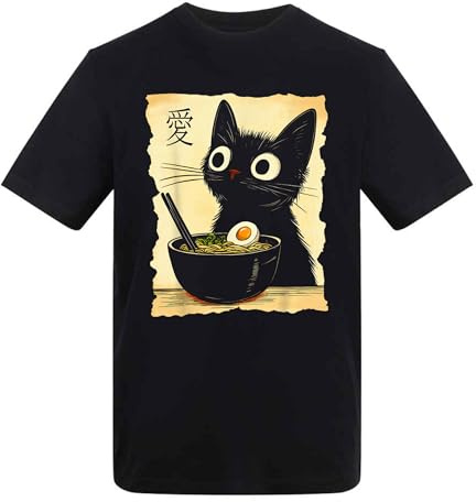 Black Cat Eating Ramen Noodles – Cute Japanese Style Humor Adults T-Shirt