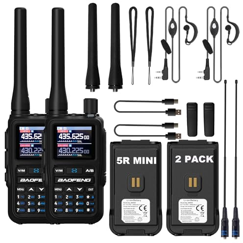 2Pack BAOFENG UV-5R Mini Walkie Talkie BF-5R Mini Two Way Radio Bluetooth Power Adjustable Tiny Size Type-C Four Colors Frequency Copy 999 Channels with 771 Antenna and Earphone (Black)
