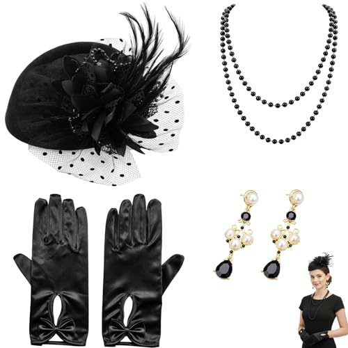 PjuQow Fascinator Damen Schwarz 50er Jahre Outfit, Tea Party Hut Set Mit Schmuck, Vintage Accessoires Für Hochzeiten Und Partys, Elegantes 5-teiliges Set Mit Hut Ohrringen Halskette Handschuhen