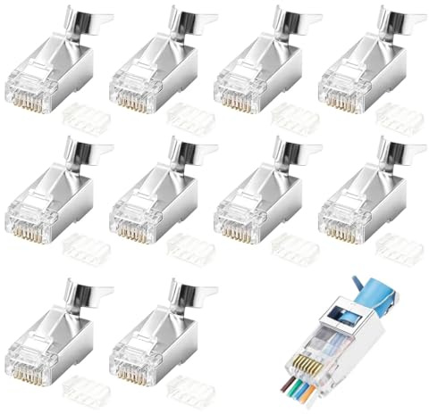 10 Pack RJ45 Pass Through Connector Cat7 CAT6 CAT6A Gold Plated Connector | 8P8C Shielded Ethernet Cable Connectors LAN Network Plug with Load Bar for Solid or Twisted UTP Cables