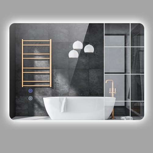 FANTASK Specchio da bagno rettangolare a LED, in vetro temperato, con controllo touch, dimmerabile, funzione anti-appannamento e memoria (70 L x 50 B)