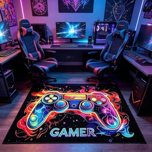 Weimuro Boys Gaming Rug 60x90cm, 3D Non-Slip Gamepad Controller Rug for Bedroom, Neon Gamer Mat for Floor, Gaming Decor for Boys Living Room & Playroom