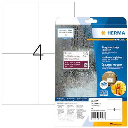 HERMA 4697 Wetterfeste Folienetiketten, 800 Blatt, 105 x 148 mm, 4 pro A4 Bogen, 3200 Stück, selbstklebend, bedruckbar, matt, blanko Klebeetiketten Aufkleber aus Folie, weiß