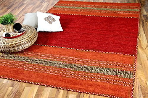 Navarro Natur Teppich Bauwolle Kelim Rot Orange in 6 Größen