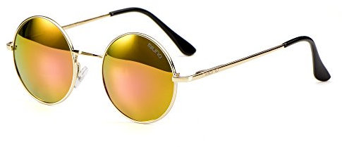 Miuno® 8088 Lunettes de soleil avec verres ronds UV400 pour homme et femme avec étui en nickel à charnière à ressort - Jaune - taille unique
