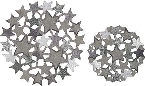 REDBEST Aufleger 2-er Set Sterne mit Durchbruchstickerei - mit Metallgarn, pflegeleicht und beständig - Silber Größe 20 cm Ø + 30 cm Ø