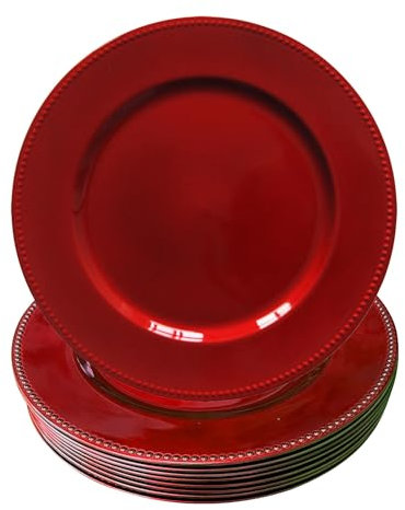 WELMATCH Platzteller aus Kunststoff, mit Perlen, 33 cm, rund, für Hochzeit, Party, Dekoration, Platzteller, Rot, 12 Stück