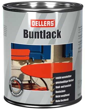 OELLERS Buntlack, 1 Liter, RAL 3020 Verkehrsrot, Metalllack, wirksamer Metallschutzlack, glänzende Metallfarbe, Decklack, Metallschutzfarbe mit hoher Deckkraft, Rostschutzfarbe
