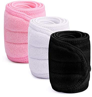 3Pcs Kosmetik Haarband,XCOZU Spa Kosmetik Stirnband Frottee Haarband für Make Up Damen Sport Yoga kosmetische Behandlungen,Verstellbare Haarschutzband mit Klettverschluss(Schwarz Weiß Pink)