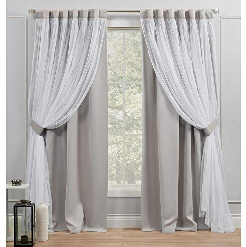 EXCLUSIVE HOME Catarina Layered Solid Room Darkening Blackout and Sheer Hidden Tab/Rod Pocket Top Curtain Panel Pair, 52x96, Cloud Grey, Set of 2