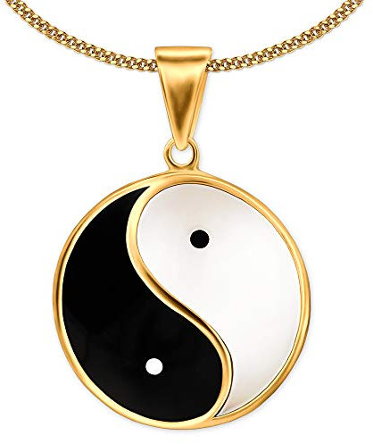 CLEVER SCHMUCK Halskette goldener großer Yin Yang Anhänger Ø 23 mm schwarz weiß lackiert Kette Panzer 925 Silber gold-plattiert im Etui weiß