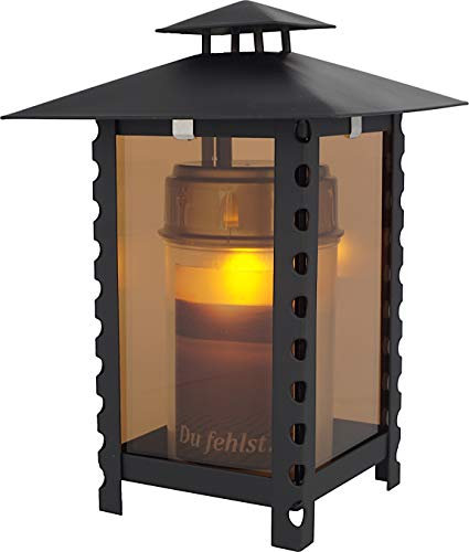 Grablaterne aus Stahl eckig mit Parsolglas und Lochmuster in den Streben inkl. LED-Kerze 21 cm (Schwarz)