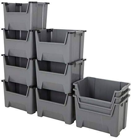 BiGDUG Large Plastic Stacking Bins (10 Pack) - 305x490x390 mm - Open Fronted Order Picking Boxes - Grey - Heavy Duty Storage Boxes