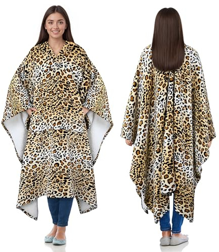 Catalonia Classy Sherpa Fleece Poncho Blanket Super Soft Warm Cosy Wearable Large Blanket for Adult Women Men Fluffy Throw Indoors or Outdoors, 200 x 140 cm Leopard