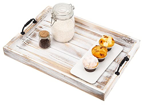 Rustic Vintage Big Wood Food Breakfast Serving Trays with Cutout Metal Handles(20 Inches) Large Nesting Board Decorative Serving Trays Platter in Bed, Ottoman, Coffee Table, BBQ, Party(Washed White