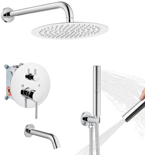 Airuida Juego de sistema de ducha redondo con boquilla de bañera, montaje en pared, juego de grifo de ducha de lluvia de 3 funciones, 2 funciones, boquilla de ducha de mano, juego combinado de