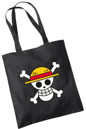 SmartyPants One Piece Black Tote Bag - Manga Anime Japanese Ninja Monkey Luffy Devil Fruit Rubber Straw Hat King of the Pirates Grand Line Treasure 100% Cotton Shopper, Black Prime, Einheitsgröße