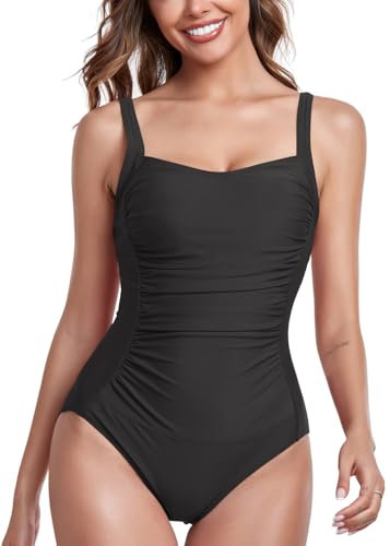 Joweechy One Piece Swimming Costume Women Ruched Tummy Control Swimwear Scoop Neck Padded Swimsuit Bathing Suits Black,M