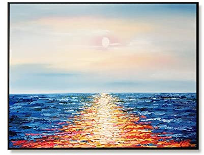 LCDIUDIU Ölbilder Auf Leinwand Handgemalt, Blaue Textur Meer Sonnenaufgang Reflexion Landschaft Abstrakt Modern Original Handgemalte Ölgemälde Auf Leinwand Für Familie Wand Wohnzimmer Esszimmer Home