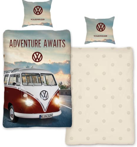 SkyBrands VW Bulli Bettwäsche 135 x 200 cm 80 x 80 cm Kissenbezug Baumwolle Bus Bulli Volkswagen Bettwäsche Set VW Geschenke für Männer Öko-Tex Standard 100 Deutsche Standardgröße
