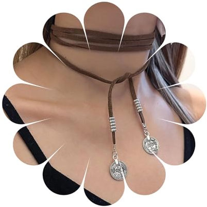 Aneneiszeit Jahrgang Lang Vagan Wildleder Halskette Braun Boho Leder Wrap Halsband Halskette Leder Scheibe Münze Halskette Pullover Kette Schmuck für Frauen und Mädchen(Braun)