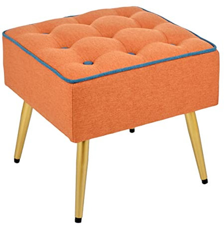 Baroni Home Gepolsterter Hocker aus Stoff, quadratischer Hocker mit Beinen aus Naturholz, Fußstütze, Stuhl, 40x40x35 cm, Orange, Blauer Rand