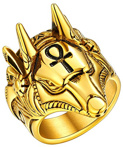 FaithHeart goldener Ägypten Anubis Fingerring in Größe 54.4 Punk Ankh Kreuz Ring mit Geschenkebox für Geburtstag Weihnachten Vatertag