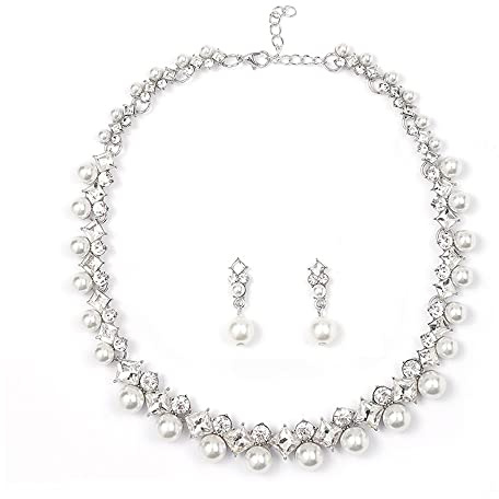 QKEPCY Elegant Perlen Schmuckset Halskette Ohrringe Kristall Strass Brautschmuck Damen Hochzeit Schmuck Silber