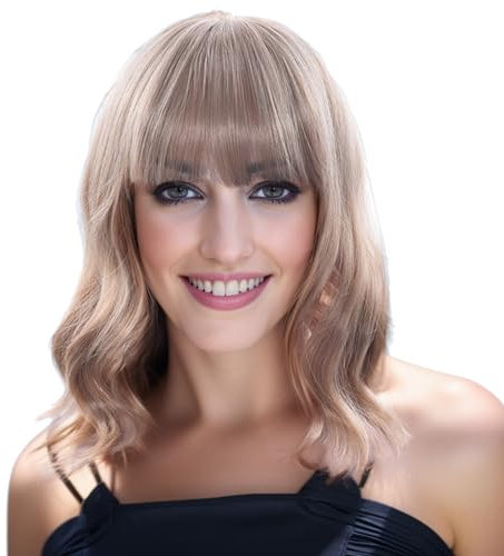 IMISSU Kurze lockige Haare Bob Perücken Cosplay Perücke mit Pony Halloween Kostüm Party Kopfbedeckung für Frauen (Schmutzig blond)