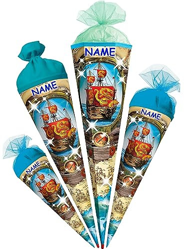 alles-meine.de GmbH Schultüte - mit 3D Glitzer - Effekt ! Piratenschiff & Piraten 35-85 cm Größe wählbar - mit Holzspitze - inkl. Name - Zuckertüte - Tüllabschluß/Filza..