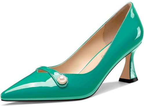 NobleOnly Womens Mid Heel Pointed Toe Slip-on Pearls Dress Pumps Court Shoe Glitter Casual Patent Leather Shoes 6 CM Heels Emerald Green 5 UK