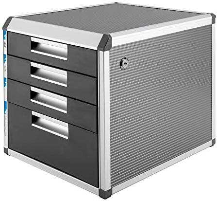 Schubladenbox Abschließbar, 4 Fächer Schubladen Bürobox Aluminiumlegierung Dokumenten Aufbewahrung Ablagebox mit Beschriftungsfeldern